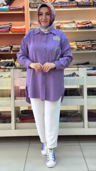 Çiçek Taş Detaylı Çilek Kumaş Gömlek Tunik Lila/7454