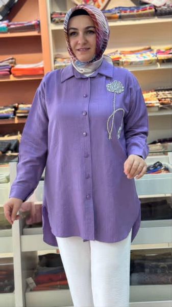 Çiçek Taş Detaylı Çilek Kumaş Gömlek Tunik Lila/7454