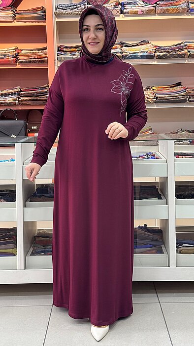 Çiçek Taş Detaylı Elbise Bordo / 268196 