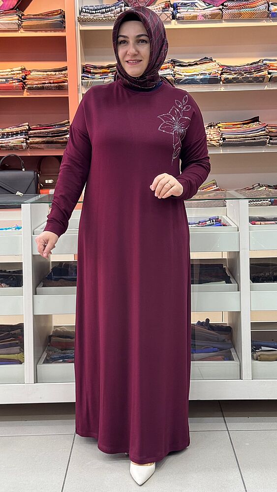 Çiçek Taş Detaylı Elbise Bordo / 268196  - 1