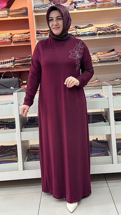 Çiçek Taş Detaylı Elbise Bordo / 268196  - 2
