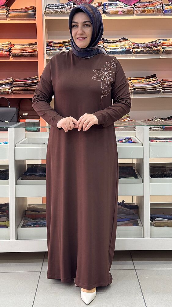 Çiçek Taş Detaylı Elbise Kahve / 268196 - 1