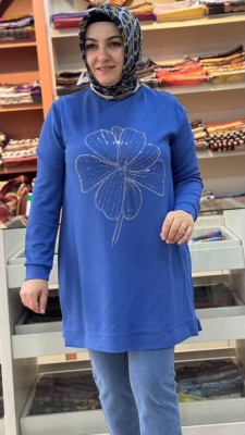 Çiçek Taş Detaylı Tunik Mavi/257444 - Thumbnail