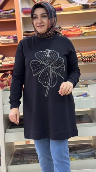 Çiçek Taş Detaylı Tunik Siyah/257444