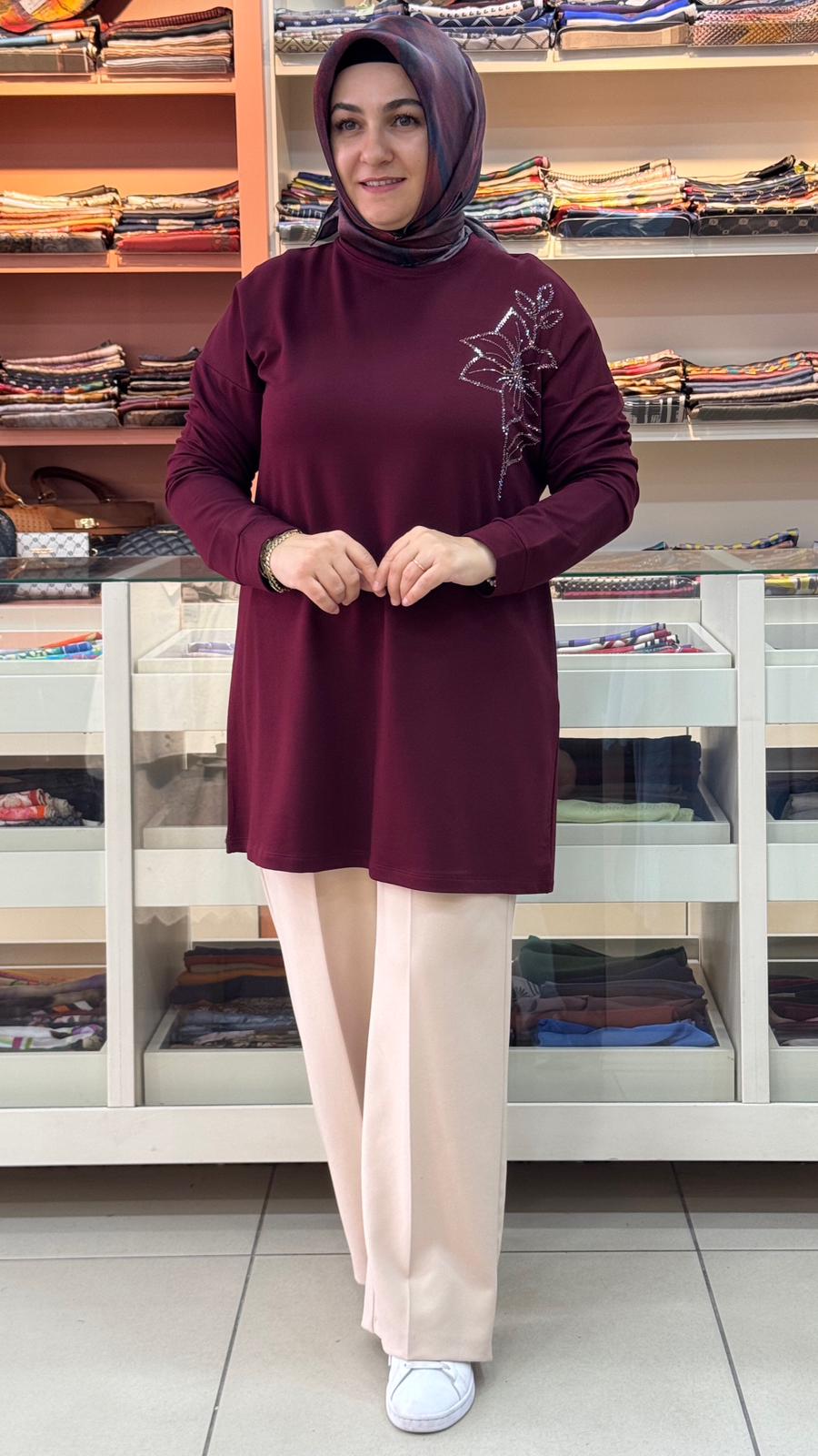 Kado - Çiçek Taş Detaylı Tunik Bordo / 268198 