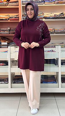 Kado - Çiçek Taş Detaylı Tunik Bordo / 268198 