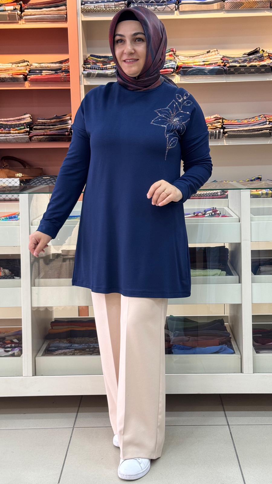 Kado - Çiçek Taş Detaylı Tunik İndigo / 268198 