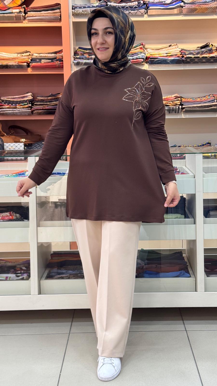 Kado - Çiçek Taş Detaylı Tunik Kahve / 268198 