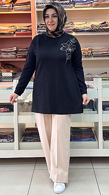 Kado - Çiçek Taş Detaylı Tunik Siyah / 268198