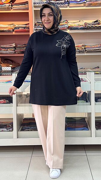 Çiçek Taş Detaylı Tunik Siyah / 268198