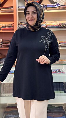 Çiçek Taş Detaylı Tunik Siyah / 268198 - Thumbnail