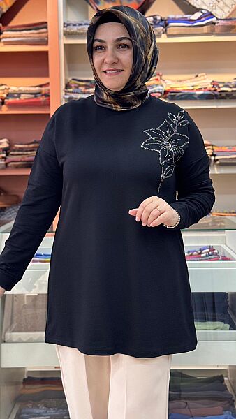Çiçek Taş Detaylı Tunik Siyah / 268198