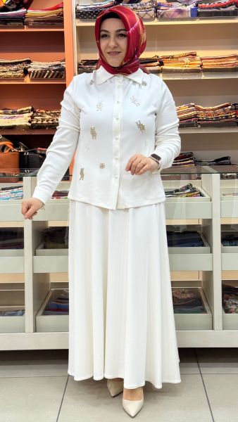 Çiçek Taşlı Etekli Oyşho Takım Ekru/6113