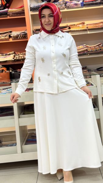 Çiçek Taşlı Etekli Oyşho Takım Ekru/6113