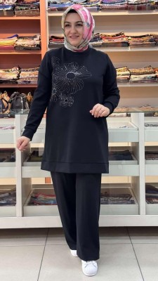 Livza - Çiçek Taşlı Takım Siyah/8071