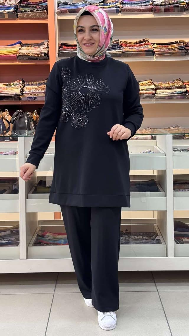 Livza - Çiçek Taşlı Takım Siyah/8071