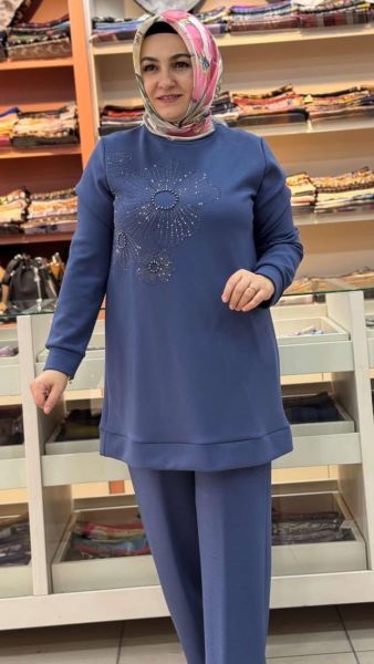 Çiçek Taşlı Takım İndigo/8071