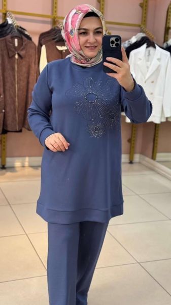 Çiçek Taşlı Takım İndigo/8071