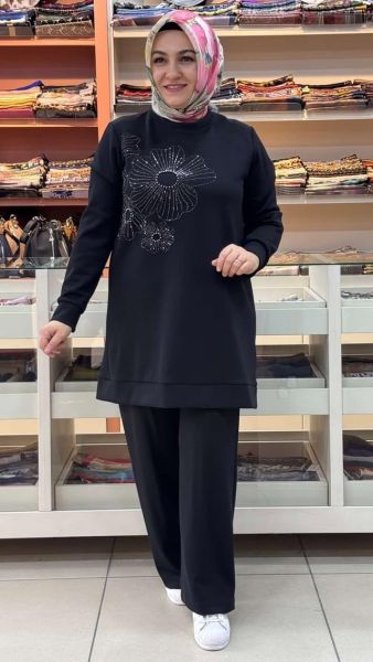 Çiçek Taşlı Takım Siyah/8071