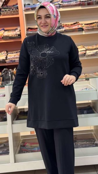 Çiçek Taşlı Takım Siyah/8071