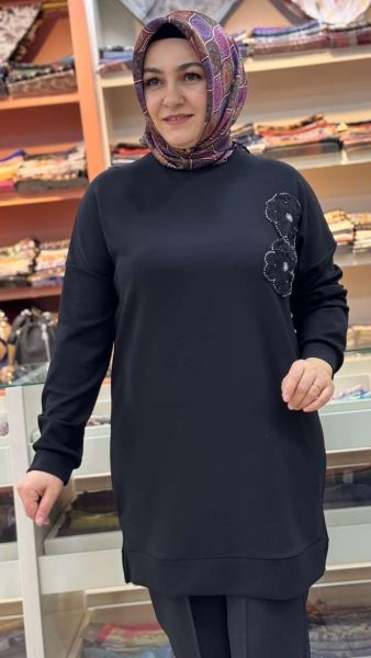 Çiçek Ve Boncuk Detaylı Tunik Siyah/1860