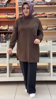 inza moda - Çiçek Ve Boncuk Detaylı Tunik Kahve/1860