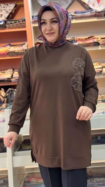 Çiçek Ve Boncuk Detaylı Tunik Kahve/1860