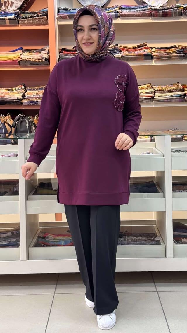 inza moda - Çiçek Ve Boncuk Detaylı Tunik Bordo/1860