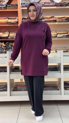 inza moda - Çiçek Ve Boncuk Detaylı Tunik Bordo/1860
