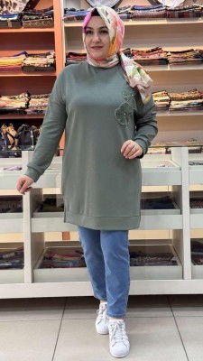 inza moda - Çiçek Ve Boncuk Detaylı Tunik Yeşil/1860