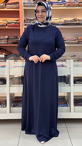 Çimalı Zımba Detaylı Elbise Lacivert / 9211 