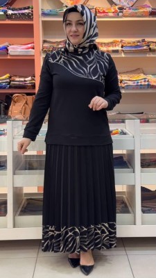 inza moda - Çizgi Detaylı Etekli Takım Siyah/1352