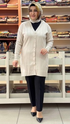  - Çizgi Detaylı Triko Hırka Krem/3199