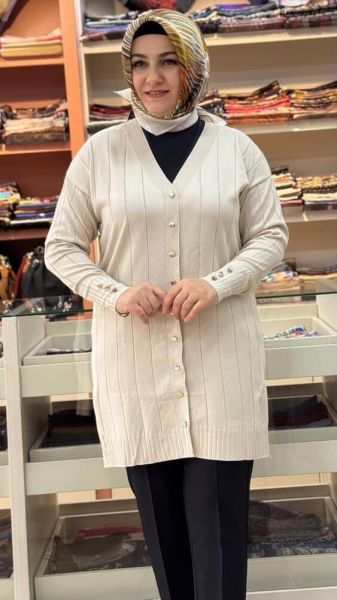 Çizgi Detaylı Triko Hırka Krem/3199