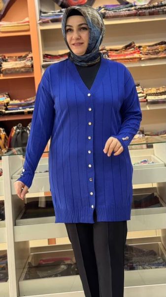 Çizgi Detaylı Triko Hırka Saks/3199