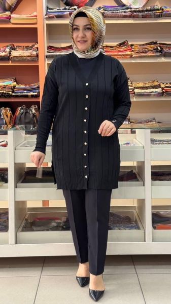 Çizgi Detaylı Triko Hırka Siyah/3199