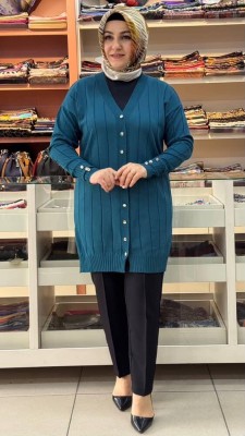  - Çizgi Detaylı Triko Hırka Petrol/3199