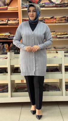  - Çizgi Detaylı Triko Hırka Gri/3199