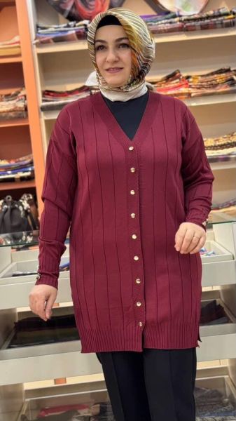 Çizgi Detaylı Triko Hırka Bordo/3199