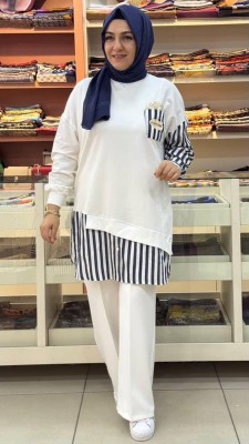 Puane - Çizgi Kumaş Ve İnci Detaylı Tunik Ekru/10651