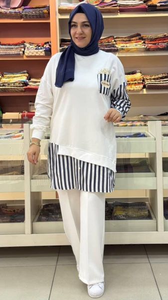 Çizgi Kumaş Ve İnci Detaylı Tunik Ekru/10651