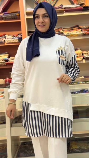 Çizgi Kumaş Ve İnci Detaylı Tunik Ekru/10651