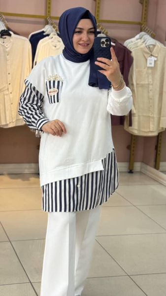 Çizgi Kumaş Ve İnci Detaylı Tunik Ekru/10651