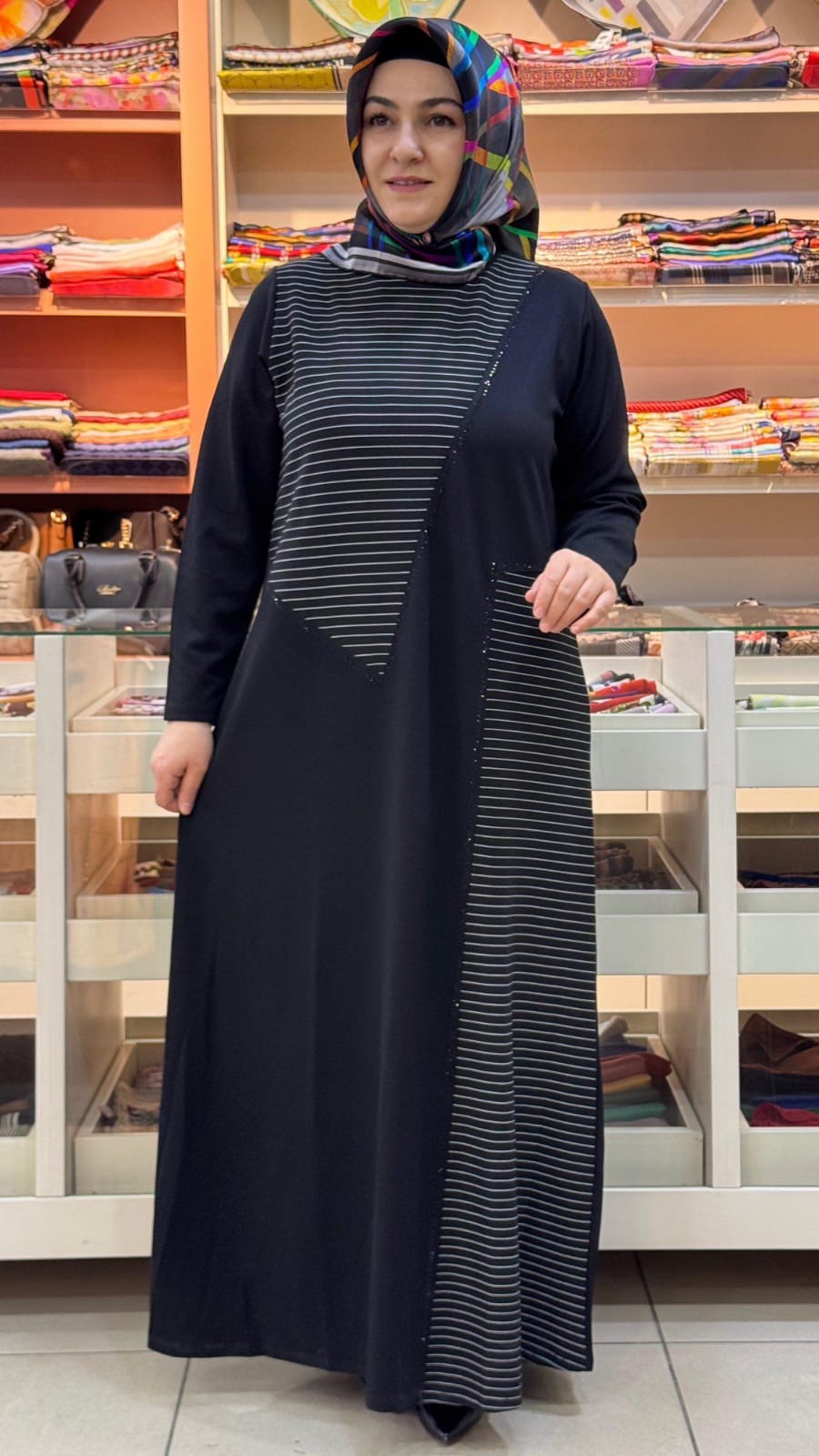Belgin Triko - Çizgi Ve Taş Detaylı Elbise Siyah/90661