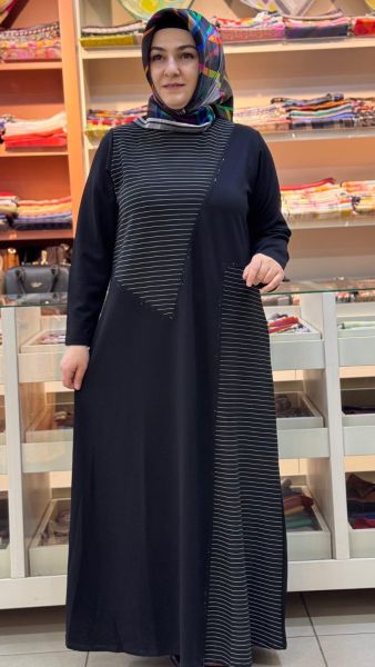 Çizgi Ve Taş Detaylı Elbise Siyah/90661