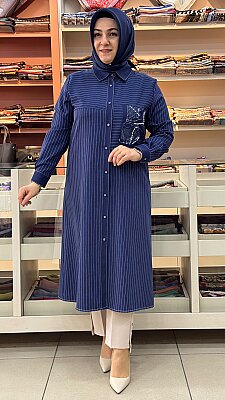 Çizgili Boncuk Detaylı Tunik İndigo/4225 - Thumbnail