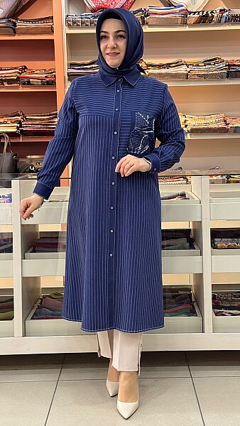 Çizgili Boncuk Detaylı Tunik İndigo/4225