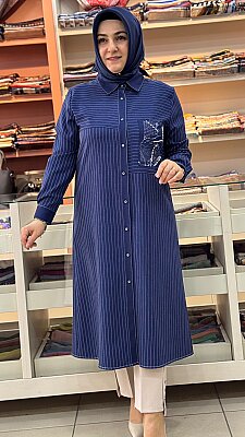 Çizgili Boncuk Detaylı Tunik İndigo/4225 - Thumbnail