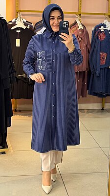 Çizgili Boncuk Detaylı Tunik İndigo/4225 - Thumbnail