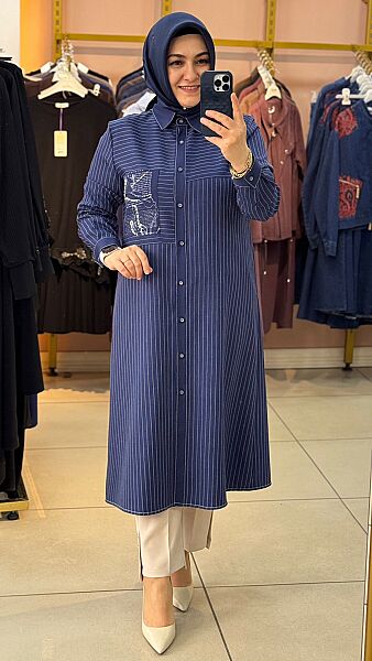 Çizgili Boncuk Detaylı Tunik İndigo/4225